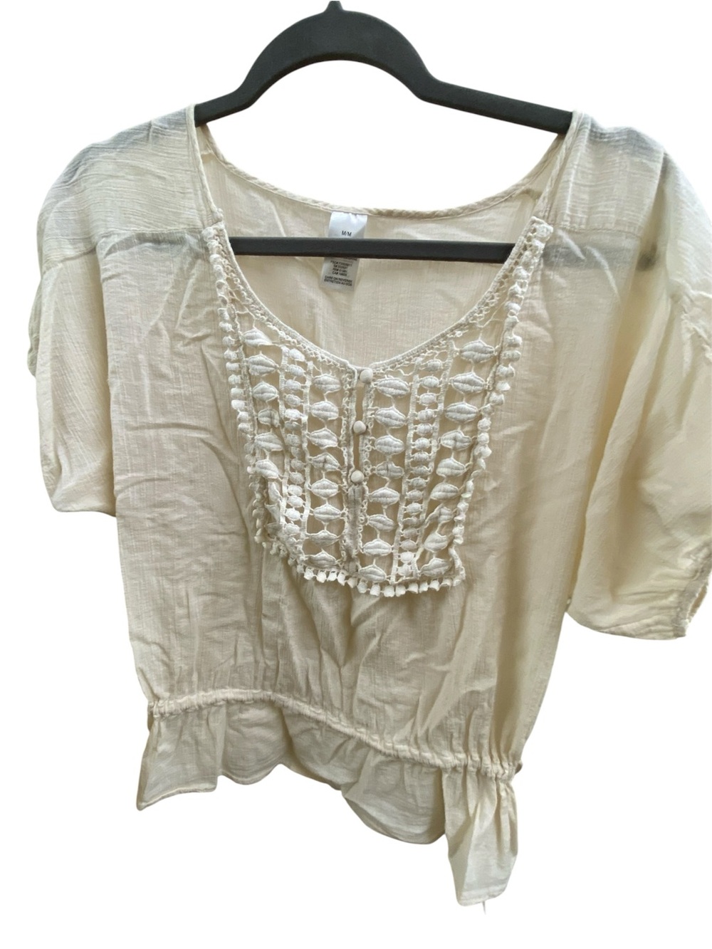 Cream Crochet-Front Women's Peasant Top - Casual Boho Blouse medium excellent